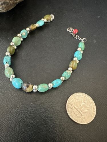 Women's Blue Turquoise Bead Bracelet | Southwestern Sterling Silver Link | 8" | 17237