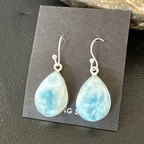 Navajo Blue Larimar Dangle Earrings | Sterling Silver | Authentic Native American Handmade | 17288