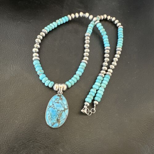 Men's Blue Spiderweb Turquoise Pendant Necklace | Navajo Sterling Silver | Authentic Native American Handmade | 16647