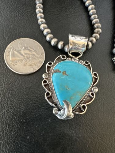 Navajo Blue Turquoise Pendant Necklace | Sterling Silver Pearls | Authentic Native American Handmade | 15638