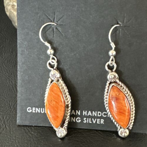 Navajo Orange Spiny Oyster Dangle Earrings | Sterling Silver | Authentic Native American Handmade | 17276