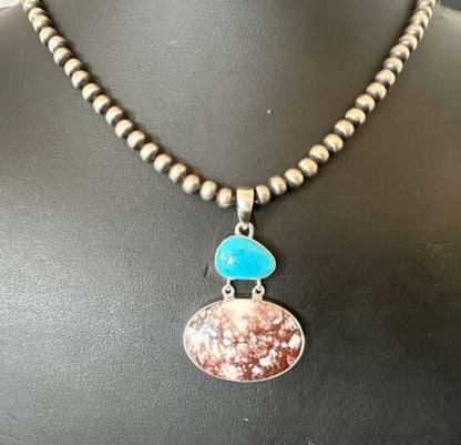 Navajo Wild Horse Blue Kingman Turquoise Necklace | Sterling Silver | Authentic Native American Handmade | 17340
