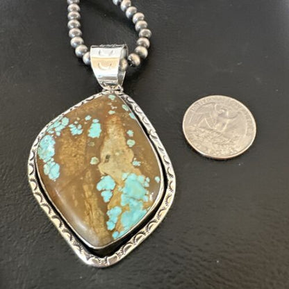 Navajo Blue Turquoise #8 Pendant | Sterling Silver Necklace with Pearls | Authentic Native American Handmade | 16349
