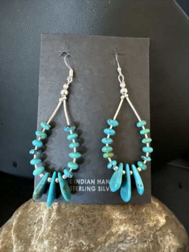 Navajo Blue Cluster Turquoise Bead Earrings | 6mm | Sterling Silver | 2" | Authentic Native American Handmade | 15845
