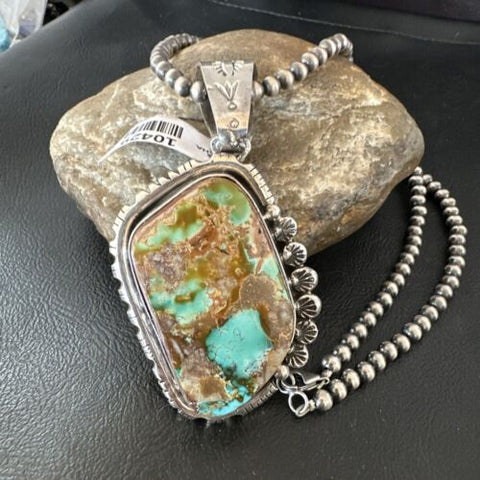 Men's Navajo Sterling Silver Blue Green Royston Turquoise Necklace Pendant 10429