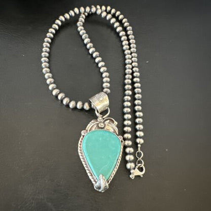Navajo Blue Turquoise Pendant Necklace | Sterling Silver Pearls | Authentic Native American Handmade | 15648