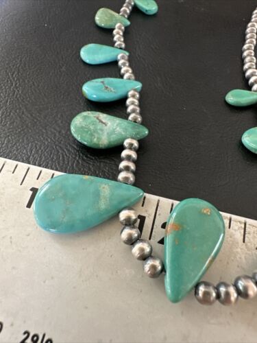 Southwestern Navajo Pearls Necklace | Sterling Silver | Green Turquoise Teardrop | 15762