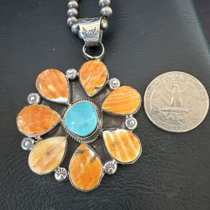Navajo Blue Turquoise | Spiny Oyster Pendant Necklace | Sterling Silver | Multi-Stone | 16862