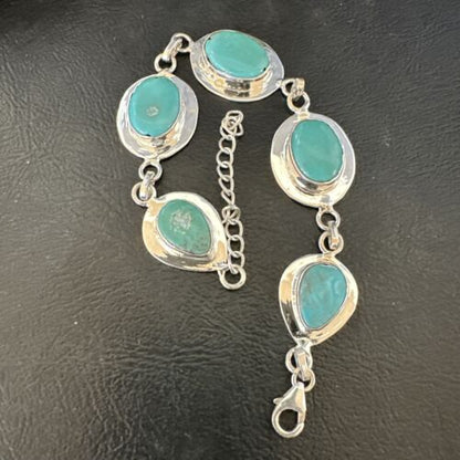 Navajo Blue Turquoise Link Bracelet | Sterling Silver | 9" | Authentic Native American Handmade | 17638