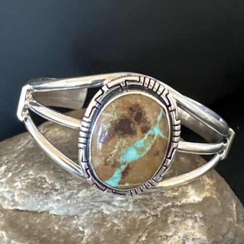 Navajo Green Boulder Turquoise Cuff Bracelet | Sterling Silver | Authentic Native American Handmade | 16244