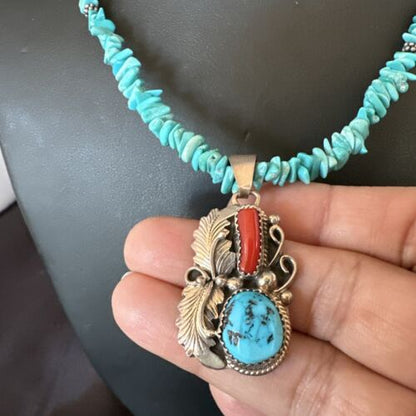 Navajo Blue Turquoise Coral Pendant Necklace | Sterling Silver Pearls | 20" | Authentic Native American Handmade | 17541