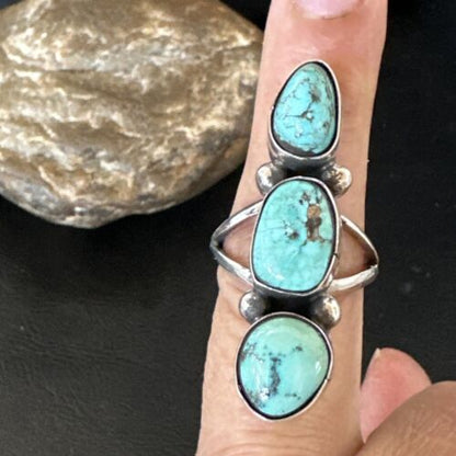 Navajo Blue Turquoise Multi-Stone Cluster Ring | Authentic Native American Sterling Silver | Sz 7.5 | 17842