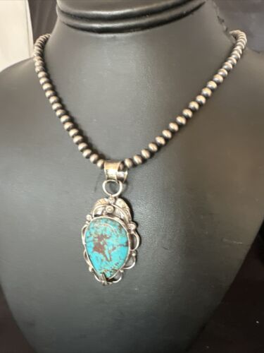 Navajo Blue Turquoise Pendant Necklace | Sterling Silver Pearls | Authentic Native American Handmade | 15640