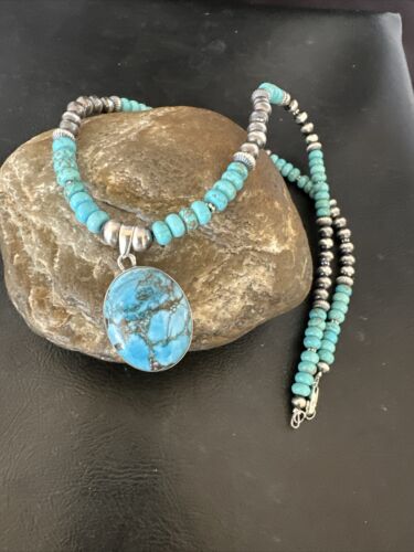 Navajo Men's Blue Spiderweb Turquoise Pendant Necklace | Sterling Silver | Authentic Native American Handmade | 17116
