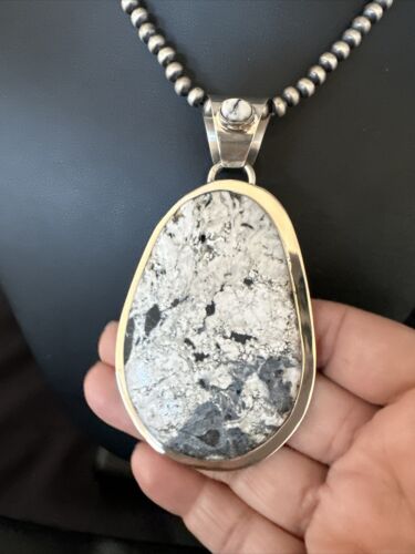Navajo White Buffalo Turquoise Pendant Necklace | Sterling Silver | Authentic Native American Handmade | 14991