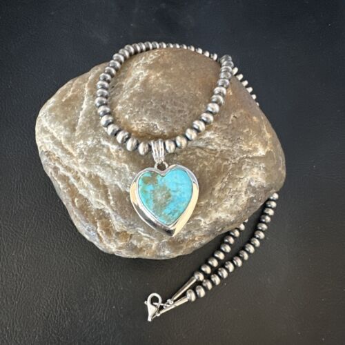 Navajo Heart Blue #8 Turquoise Pendant Necklace | Sterling Silver | Authentic Native American Handmade | 14976