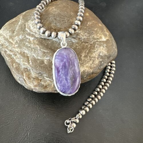 Navajo Purple Charoite Pendant with Pearls | Sterling Silver Necklace | Authentic Native American Handmade | 17313