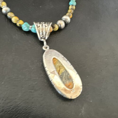 Navajo BumbleBee Jasper Pendant Necklace | Sterling Silver Pearls | Authentic Native American Handmade | 16879