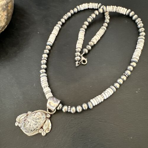 Navajo White Buffalo Turquoise Pendant Necklace | Sterling Silver | Authentic Native American Handmade | 17336