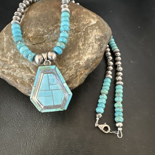 Navajo Turquoise Inlay Pendant Necklace | Sterling Silver | Authentic Native American Handmade | 17077