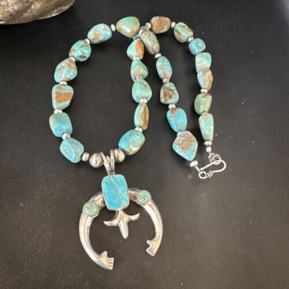 Navajo Blue Turquoise Naja Pendant Necklace | Sterling Silver | Authentic Native American Handmade | 15205