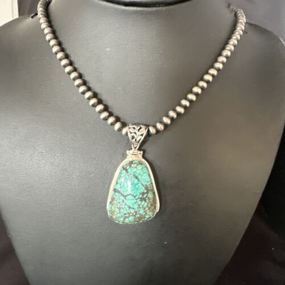 Navajo Blue Spiderweb Turquoise Pendant Necklace | Sterling Silver Pearls | Authentic Native American Handmade | 15571
