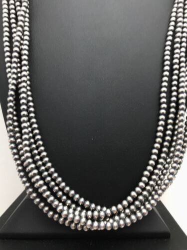 Navajo Pearls 5 Strand Bead Necklace | 4mm | Sterling Silver | 30" | Authentic Native American Handmade | 16782