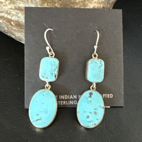 Navajo Blue Kingman Turquoise Dangle Earrings | Sterling Silver | Authentic Native American Handmade | 15117