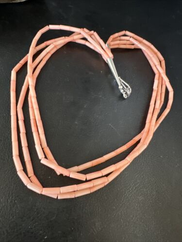 Pink Coral Tube Heishi Bead Necklace | 4 Strand Navajo Sterling Silver | 18" | 15279