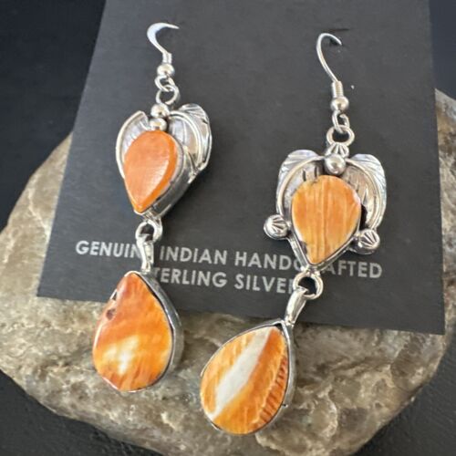 Navajo Orange Spiny Oyster Dangle Earrings | Sterling Silver | 1.5" | Authentic Native American Handmade | 16569
