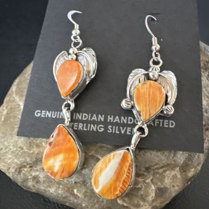 Navajo Orange Spiny Oyster Dangle Earrings | Sterling Silver | 1.5" | Authentic Native American Handmade | 16569