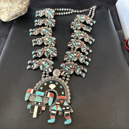 XXL Turquoise Onyx Kokopelli Inlay Squash Blossom Necklace | Sterling Silver | 16177 - Masha USA