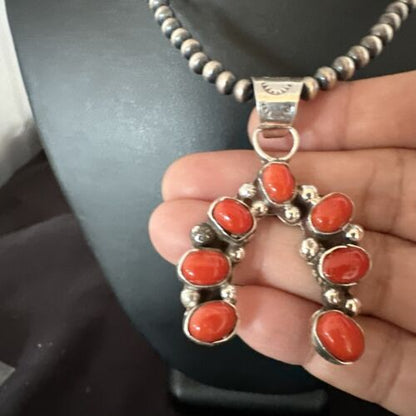 Navajo Horseshoe Naja Red Coral Pendant Necklace | Sterling Silver | Authentic Native American Handmade | 15754