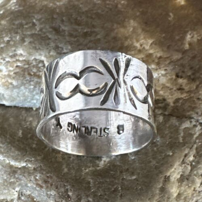 Navajo Stamped Wide Band Ring | Sterling Silver | Sz 7 | Authentic Native American Handmade | 15294