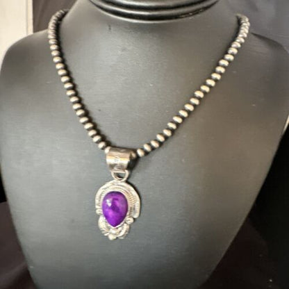 Navajo Purple Sugilite Pendant with Pearls | Sterling Silver Necklace | Authentic Native American Handmade | 15452