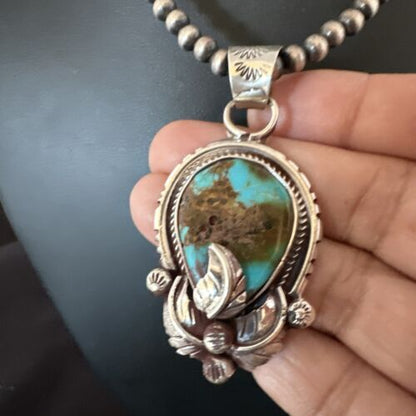 Navajo Blue Turquoise Pendant Necklace | Sterling Silver Pearls | Authentic Native American Handmade | 15655