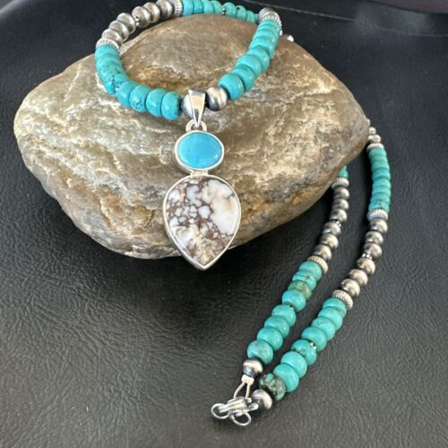 Navajo Wild Horse Blue Kingman Turquoise Necklace | Sterling Silver | Authentic Native American Handmade | 17525