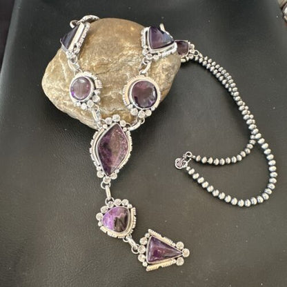Navajo Sugilite Lariat Necklace | Sterling Silver Pendant | 30" | Authentic Native American Handmade | 16753