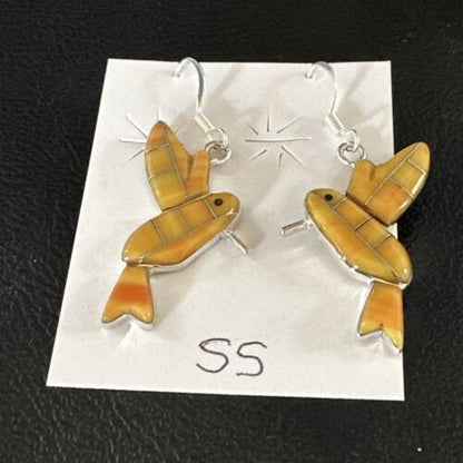 Navajo Orange Spiny Oyster Hummingbird Dangle Earrings | Sterling Silver | Authentic Native American Handmade | 15089
