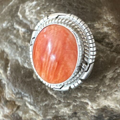 Navajo Orange Spiny Oyster Ring | Sterling Silver | Sz 8 | Authentic Native American Handmade | 16035