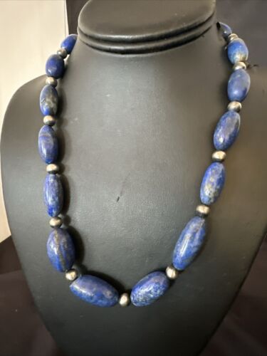 Navajo Blue Denim Lapis Chunky Necklace | Sterling Silver | 19" | Authentic Native American Handmade | 17486