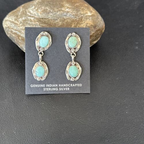Dry Creek Turquoise Navajo Post Dangle Earrings | Sterling Silver | 1.5" | Authentic Native American Handmade | 17383