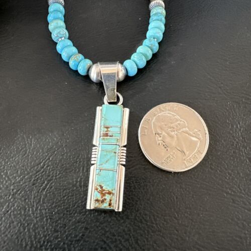 Men's and Women's Turquoise #8 Inlay Pendant Necklace | Navajo Sterling Silver | Authentic Native American Handmade | 17058