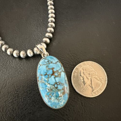 Navajo Blue Spiderweb Turquoise Pendant Necklace | Sterling Silver | Authentic Native American Handmade | 17028