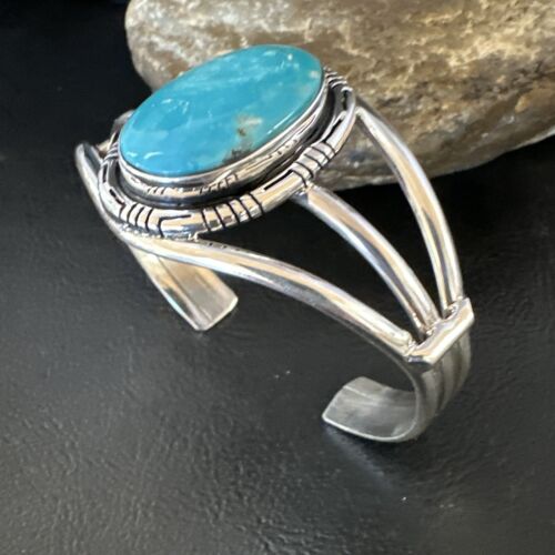 Women's Blue Kingman Turquoise Cuff Bracelet | Navajo Sterling Silver | Authentic Native American Jewelry | 16246