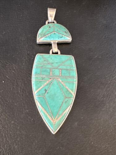 Navajo Sterling Silver Pendant with Gorgeous Blue Turquoise Inlay | Authentic Native American | 3.25" | 15178