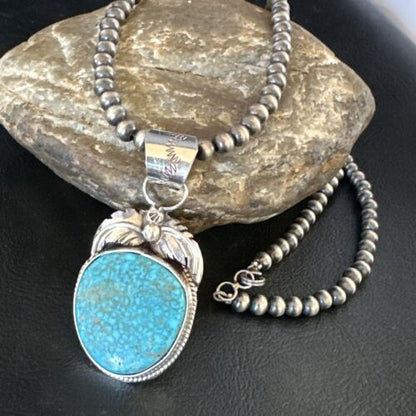 Navajo Kingman Turquoise Pendant Necklace | Sterling Silver | Native American Handmade | 15213