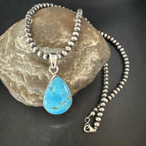 Blue Kingman Turquoise Pendant | Navajo Pearls | Sterling Silver Necklace 20" | 17010