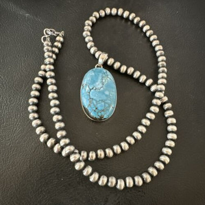 Navajo Blue Spiderweb Turquoise Pendant Necklace | Sterling Silver | Authentic Native American Handmade | 17021