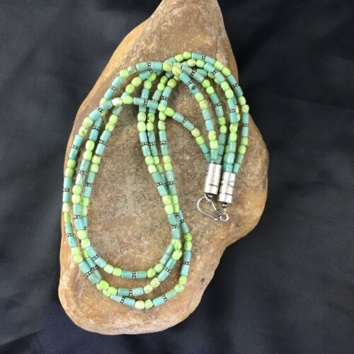 Navajo Blue Green Turquoise Necklace | 3-Strand | Sterling Silver | 17" | Authentic Native American Handmade | 10245
